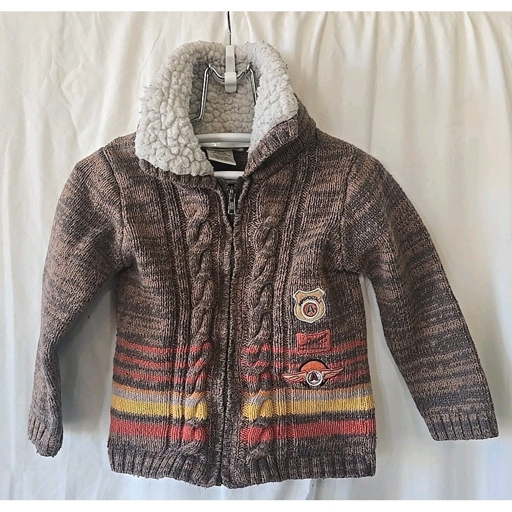 Deux Par Deux Boys Knit Cardigan Zip-up Brown Orange‎ Airplane Theme 24 Months